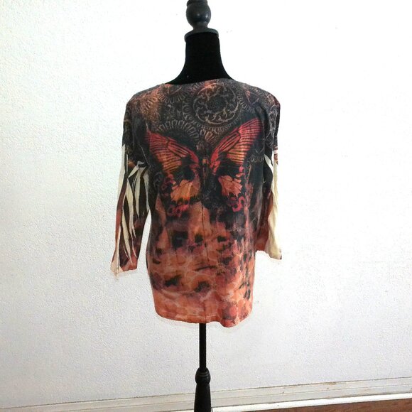 Orange/black/yellow butterfly blouse, with tiny studs design - Picture 7 of 8
